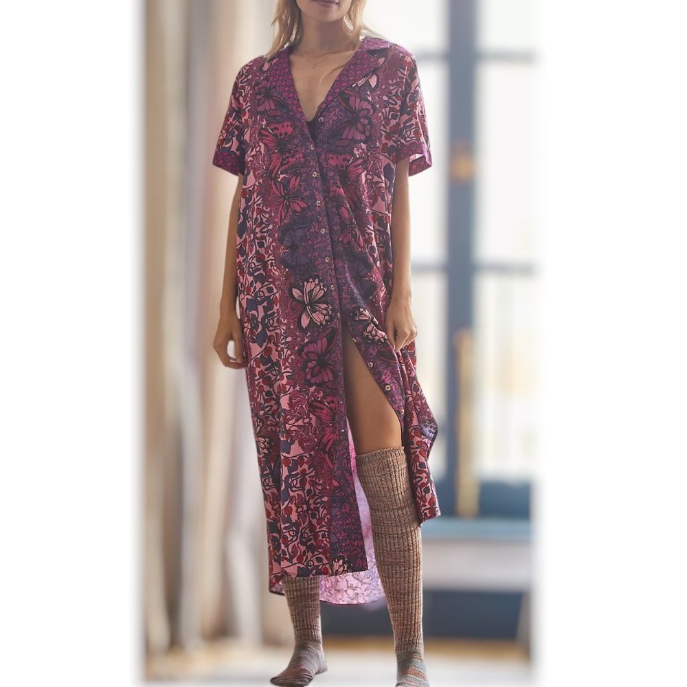 Anthropologie Alexandra Farmer Whimsy Flannel Sleep Dress Butterfly Floral XS